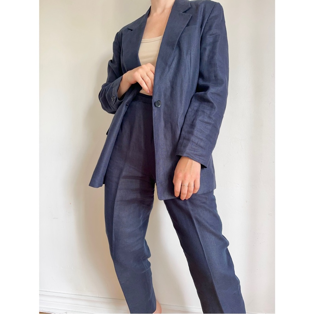 VINTAGE NAVY LINEN BLAZER PANTSUIT TALBOTS ONE BUTTON HIGH RISE DRESS PANTS S-M - Picture 3 of 12